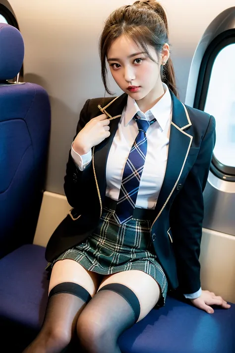 (8K), (highest quality: 1.2), (realistic), (realistic: 1.37), ultra high resolution, 1 girl, cute, serious face, closed mouth, beautiful details, beautiful nose, beautiful hair, ponytail,giant dulcefo, pork, thighs，self snap,University Student Uniform,Sitt...