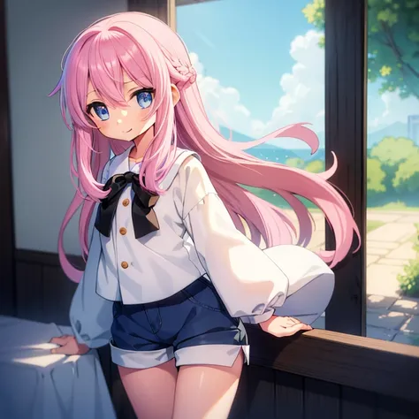 beautiful illustrations, highest quality, (12 year old girl)、cute  girl,、(Chino shorts with tunic layers)、Tunics are white、Chino shorts are pink、Thighs visible through the gap in shorts、thigh gap、 beautiful blue eyes, cinematic lighting,slight smile,(pink ...