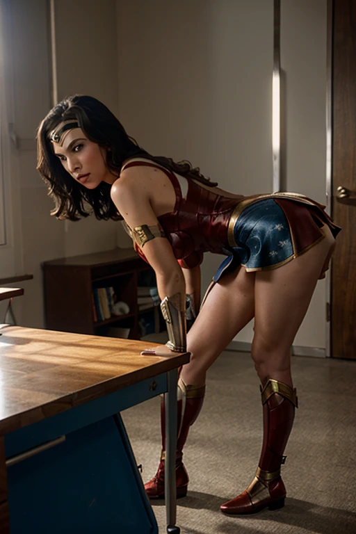  wonder woman, she is bending over a desk