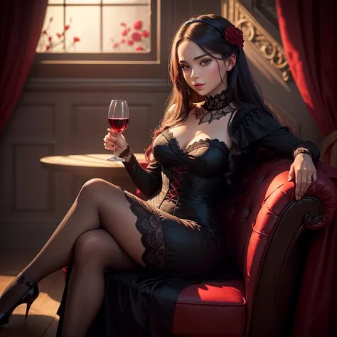 A young woman is holding a glass of wine, sitting among the scarlet roses. The woman is wearing an open black lace dress, black stockings. inviting look into the camera, dark background, dramatic atmosphere, real photo, deep shadows, (Masterpiece:1.3), (be...