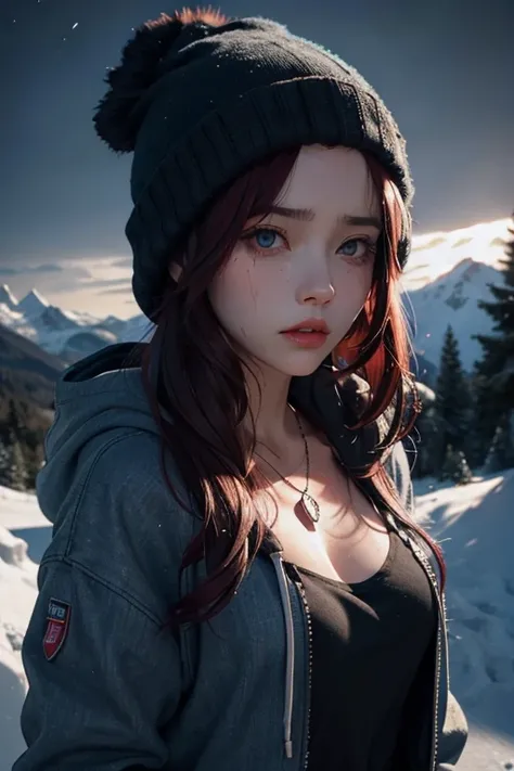 (AshleyUntil:1.1), 1girl, solo, beanie, hat, jewelry, necklace, long hair, realistic, hood, blue eyes, blood, parted lips, hoodie, jacket, blood on clothes, dark background, upper body, dark, red hair, masterpiece, best quality, cinematic lighting, night, ...