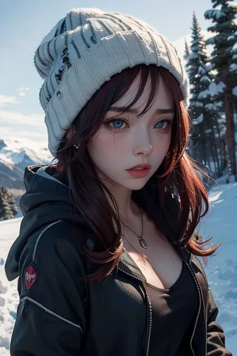 (AshleyUntil:1.1), 1girl, solo, beanie, hat, jewelry, necklace, long hair, realistic, hood, blue eyes, blood, parted lips, hoodie, jacket, blood on clothes, dark background, upper body, dark, red hair, masterpiece, best quality, cinematic lighting, night, ...