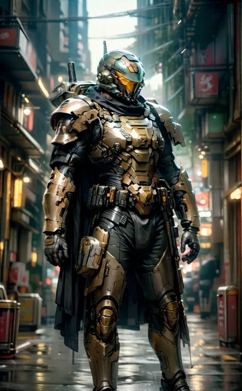 cinematic photo a man with a helmet with a tactical armour, tactical vest with ammo pouches, a black cape behind him flowing in ...