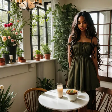 long wavy hair, black woman, medium brown skin toned, wearing olive babydoll dress, in the dining room full of flowers and plant...