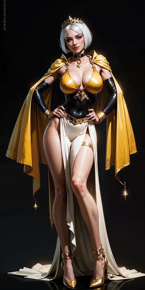 ((BLACK BACKGROUND,1:2, masterpiece)), full body MILF BIMBO standing with two long thighs and two high heels, red eyes, silver white hair, short bob style hair, big breasts, cleavage, separate sleeves, tiara royal, long cape up to two feet, yellow bikini, ...