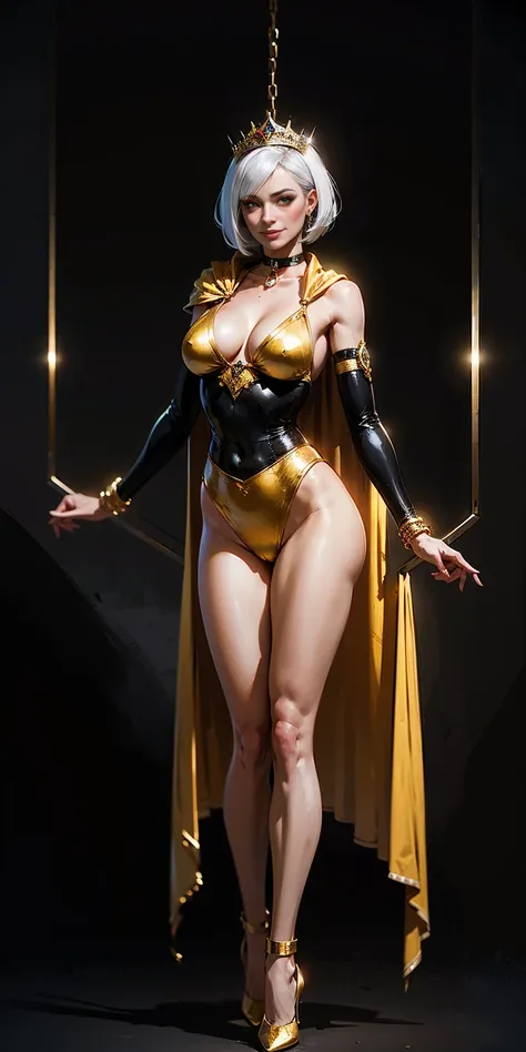 ((BLACK BACKGROUND,1:2, masterpiece)), full body MILF BIMBO standing with two long thighs and two high heels, red eyes, silver white hair, short bob style hair, big breasts, cleavage, separate sleeves, tiara royal, long cape up to two feet, yellow bikini, ...