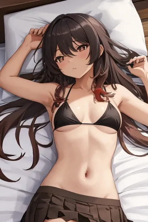 Healthy dark tan skinned anime girl, wearing bikini top and skirt, laying down, a boy sleeping on her belly