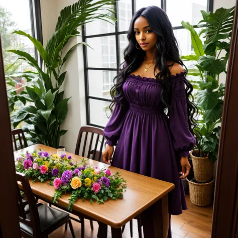 long luxurious wavy black hair, black woman, medium brown skin toned, wearing purple sundress, in the dining room full of flower...