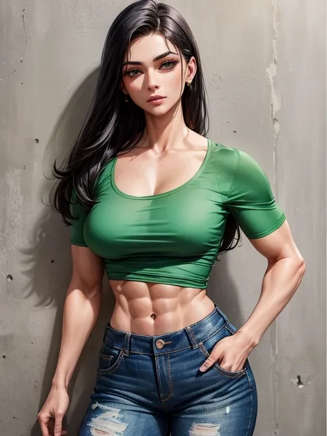 sensual, sedutor, mulher atraente, confiante, feroz, muscular physique, roupa reveladora, pele verde, cabelo verde, olhos verdes, alto, fora, meia camiseta rasgada, Shorts jeans