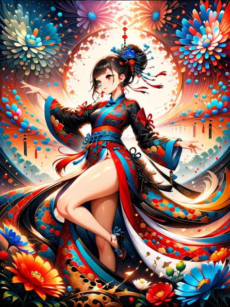 top quality, official art, Beautiful and beautiful:1.2, (1 girl:1.3), Very detailed, (fractal art:1.1), (rich and colorful:1.1)(flowers:1.3), most detailed, (Zentangle:1.2), (dynamic poses), (abstract background:1.3), (Chinese Traditional Cloth:1.2), (shin...