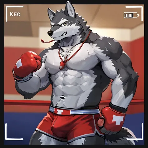 POV,top angle,sleep on stomach,lats,trapezius,butt lift,kemono, anthro (gray wolf), male, (gray wolf), muscular, back, red body, white belly ,sweat, ((correct anatomy)),  (boxing ring background, gym background), 1 boy, solo, wearing jockstrap, pain expres...