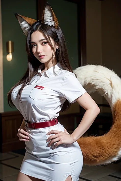 ((highest quality)), ((masterpiece)), (get used to it), perfect face, fox girl, Beautiful woman, public, It has a tail, she has a fluffy tail, she has a fox tail, she shows her tail, smile, She is wearing a nurse uniform, beautiful hips, big breasts , big ...