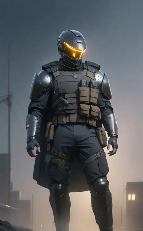 cinematic photo a man with a helmet with a tactical armour, tactical vest with ammo pouches, a black cape behind him flowing in ...