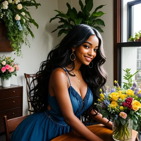 Long luxurious wavy black hair, black woman, medium brown skin toned, beautiful smile, wearing blue sundress, in the dining room full of flowers and plants. Distance