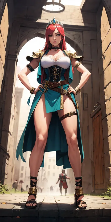 pauldrons, breastplate, corset, eye focus, full body, whole body. 1solo . slave fighter, loincloth standing, hands on hips, metal sandals, backpack, choker, big belt, view from below, feet together, bracers, tiara)