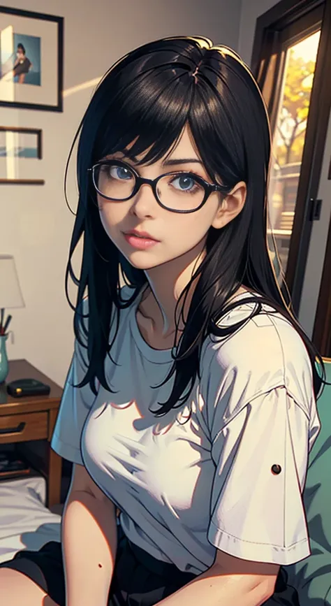 Anime girl with glasses sitting on the bed in the room, Ilya Kubshinov with long hair, Realistic anime 3d style, realistic anime art style, realistic anime art style, Digital art Ilya Kubshinov, beautiful anime portrait, realistic young anime girl, Ilya Ku...