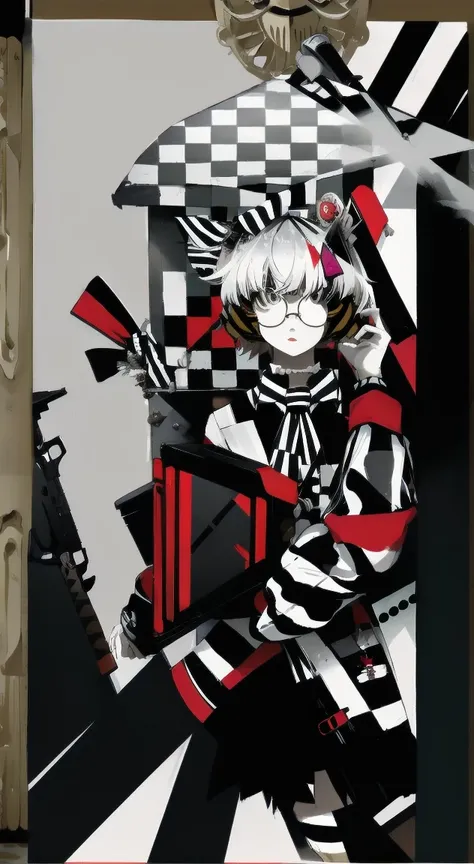 1 girl, reference box, a gun, weapon, one, holding, striped, glasses on head