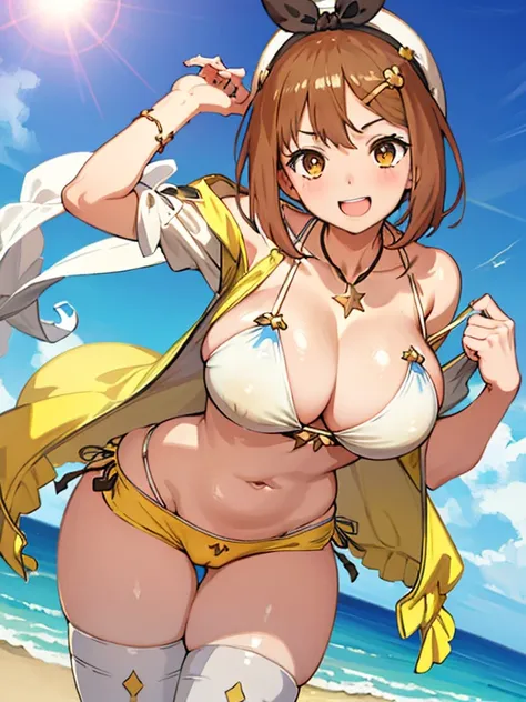 NSFW,1GIRL, (((Ryza:1.2))),((She is running with nothing and seems to be having a great time:1.2)),((The sun is dazzling)),((Wearing only a yellow fancy bikini:1.3))、{{bare skin arm}}、{{Bare skin legs}},(((masterpiece、highest quality、High resolution)))、(((...