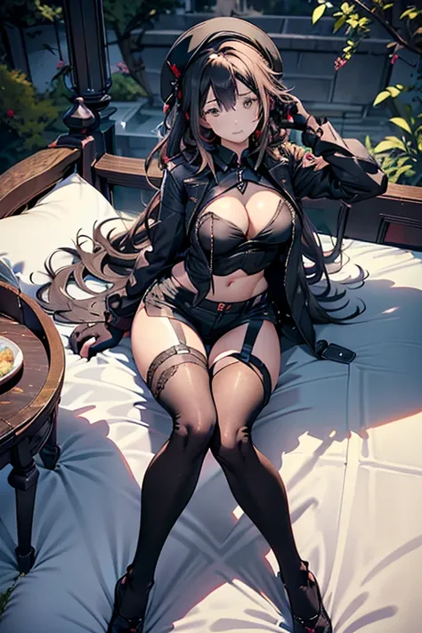  19 years old, (milf:0.8), (solo:1.5), (sfw:1.25), sexy breast, beautiful breasts, (medium tits:0.8), thin waist, big ass:1.0, Raised sexy, (black beret,black military jacket, open clothes, cleavage, midriff, black shorts, black thighhighs, thigh strap, fi...