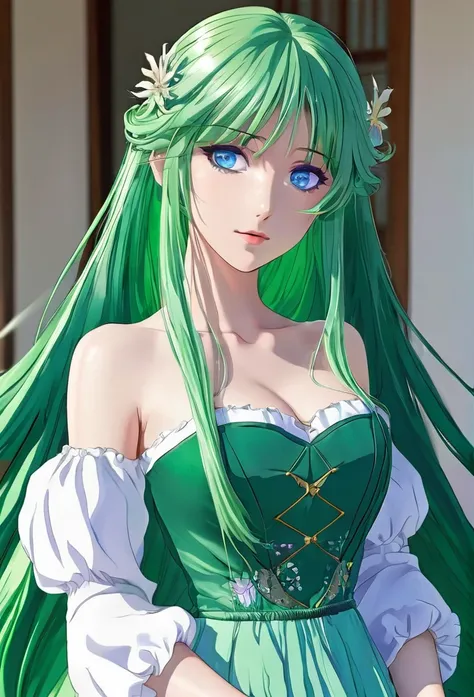 Anime girl with blue eyes and long green hair wearing a controversial dress 