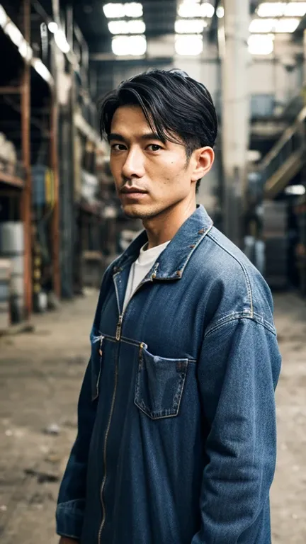 Dirty factory interior with pipes,A Japanese man standing in a navy blue long-sleeved work uniform for 30 years,Workwear zippered、Clothes made of materials similar to jeans,A photo with a straight body and head, Turn to the side that looks at the photo, Th...