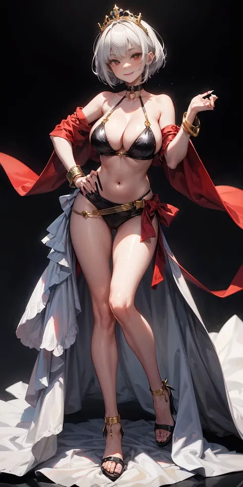 ((BLACK BACKGROUND,1:2, masterpiece)), full body MILF BIMBO standing with two long thighs and two high heels, red eyes, silver white hair, short bob style hair, big breasts, cleavage, separate sleeves, tiara royal, long cape up to two feet, yellow bikini, ...