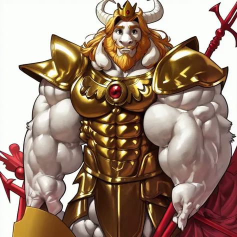 portrait, asgore, (hyper muscles:1.4), (long beard, long hair), armor, shoulder armor, spear, crown, looking at viewer, extremel...