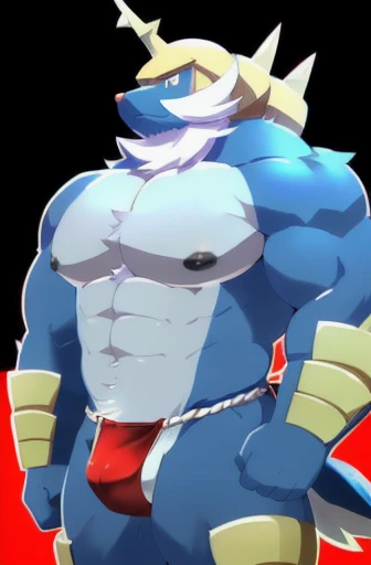 male, anthro, kemono, samurott, green sclera, red eyes, tail, detailed eyes, topless male, shine eyes, large pecs, muscular, big black nipples, red fundoshi, bulge