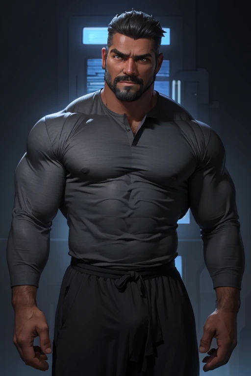 Masterpiece, Best Quality, Ultra Detailed, 1man, mature male, muscular, hunk, bara, jock, beef, black skin, black, taned skin, latino, 36 years old, black hair, grizzly hair, goatee, overcut hair, looking at the viewer, serious expression, gray shirt, half...