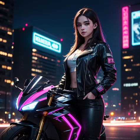 Very beautiful young street racer girl, night city, 🏙️, neon lights, cyberpunk, 🌌, realism