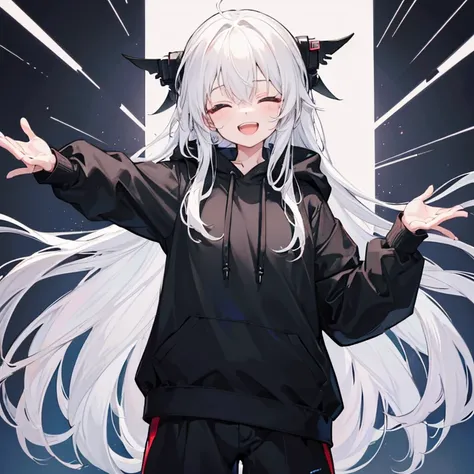 A girl with black hoodie, long white hair, smile open mouth, with long black trouser, close eyes.