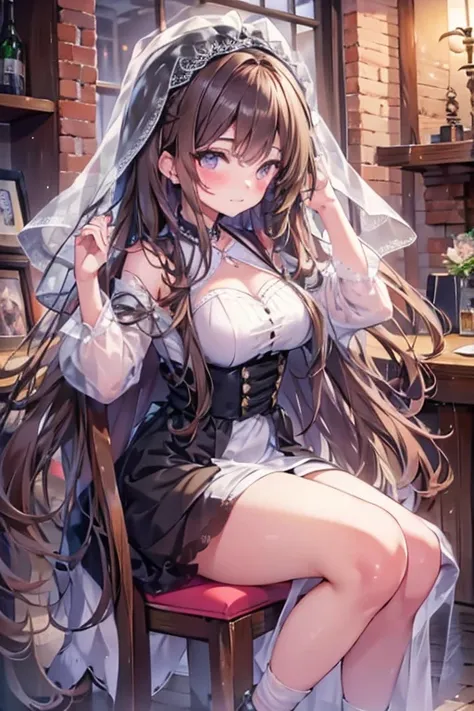 Italian girl, 25 years old, long brown hair, dressed as a wedding