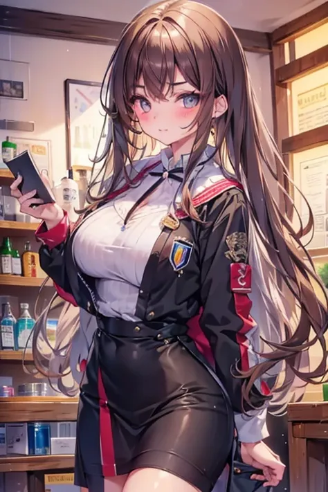 Italian girl, 25 years old, long brown hair dressed as a busty chemist

