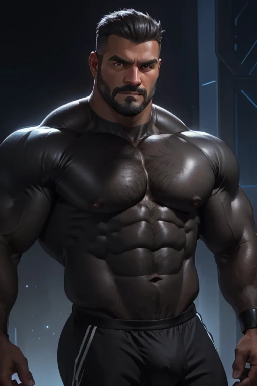 Masterpiece, Best Quality, Ultra Detailed, 1man, mature male, muscular, hunk, bara, jock, beef, black skin, black, taned skin, latino, 36 years old, black hair, grizzly hair, goatee, overcut hair, looking at the viewer, serious expression, half body shot, ...