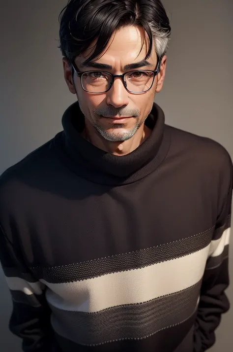 Portrait、adult male, 45 years old, dark brown eyes, with glasses, thin, no muscles, black hair, black sweater, stare in front of the camera, smile、realistic pictures、（（Light white background））、short hair、two block
