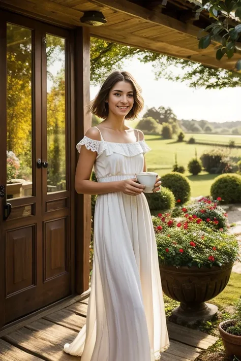 Realistic photography, Beautiful detailed eyes, mysterious smile, A thoughtful look, standing on the threshold of a stunning wooden house with a cup of tea in her hands, fashionable haircut and light flowing long dress, surrounded by a quiet garden, bright...