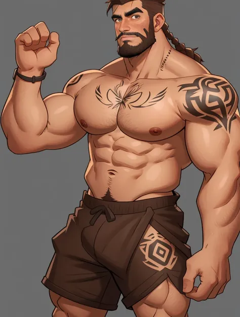 （multiple personusculous，with brown eye，barechested，large pecs，handsome，Beard，Slag[nerds：0.6]，dyna，（tmasterpiece，high high quality，best qualityet and majestic，Large area tattoos, hairy