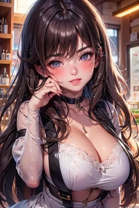 Italian girl, 25 years old, long brown hair dressed as a busty chemist

