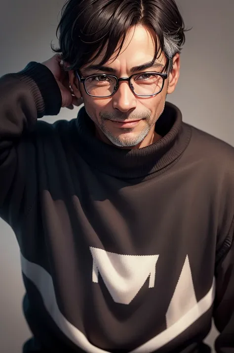 Portrait、adult male, 45 years old, dark brown eyes, with glasses, thin, no muscles, black hair, black sweater, stare in front of the camera, smile、laugh loudly、realistic pictures、（（Light white background））、short hair、two block
