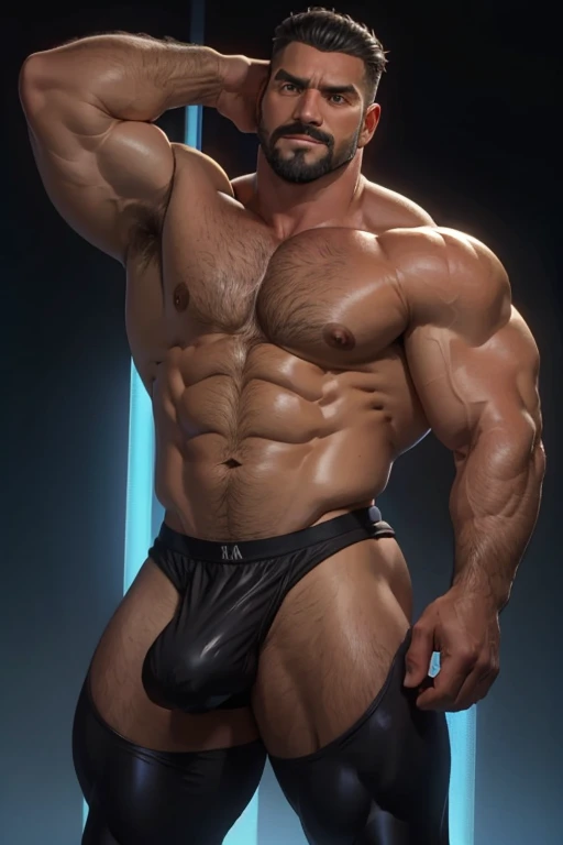 Masterpiece, Best Quality, Ultra Detailed, 1man, mature male, muscular, hunk, bara, jock, beef, black skin, black, taned skin, latino, 36 years old, black hair, grizzly hair, goatee, overcut hair, looking at the viewer, serious expression, half body shot, ...