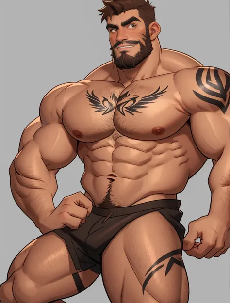 （multiple personusculous，with brown eye，barechested，large pecs，handsome，Beard，Slag[nerds：0.6]，dyna，（tmasterpiece，high high quality，best qualityet and majestic，Large area tattoos, hairy, hairy chest, hairy arms, hairy belly, hairy legs