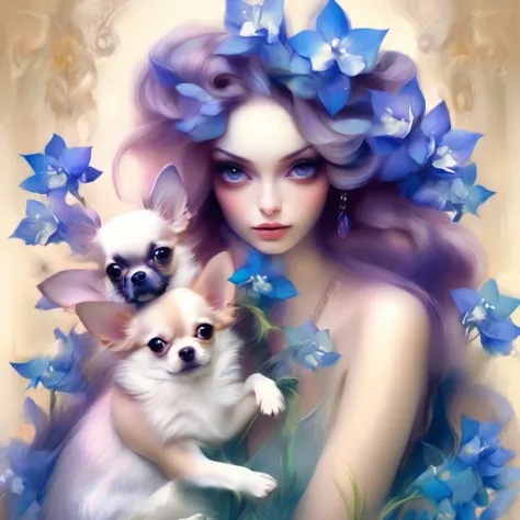 long hair、A woman with delphinium flowers in her hair、sitting in a chair with two small chihuahuas in his arms。., background number 28,beautiful digital illustrations, Beautiful artwork illustration, amazing digital illustrations, beautiful digital artwork...