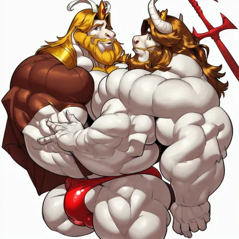 portrait, asgore, (hyper muscles:1.4), (long beard, long hair), spear, crown, looking at viewer, extremely detailed, white background, (by boosterpang, by kihu), detailed speedo, big underwear bulge