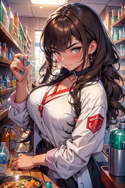 italian girl, 25 years old, long brown hair dressed as a busty chemist