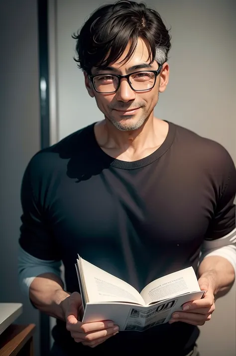 Portrait、adult male, 45 years old, dark brown eyes, with glasses, thin, no muscles, black hair, Black crew neck sweater, smile、laugh loudly、looking at viewer,realistic pictures、（（Very bright white background））、short hair、two block
