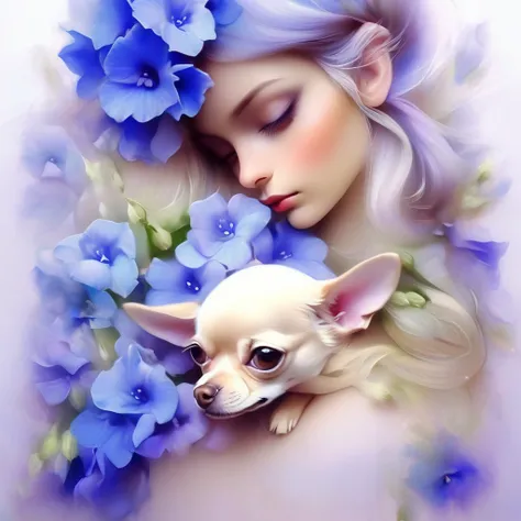 long hair、A woman with delphinium flowers in her hair、sitting on a chair holding two small chihuahuas in his arms。., background number 28,beautiful digital illustrations, Beautiful artwork illustration, amazing digital illustrations, beautiful digital artw...