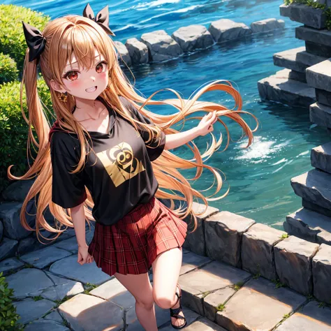 Brown, red, gold, golden hair、red eyes、one good looking girl、solo、anime、plaid mini skirt、black camisole、black t-shirt、hoodie、wearing a ribbon、ribbon at waist、Crystal Earrings、treasure石のネックレス、Light and shadow、Tilting face、teeth are visible、pillar、kind face、...