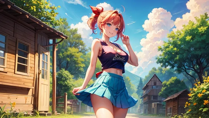 1girl, summer, village, trees, sun, clouds, ((colorful hair)), ponytail, large breasts, cleavage, blue eyes, ((sleeveless T-shirt)), mini skirt, brown shoes, grin, looking at the viewer, standing, red, white and green hair ribbon, ((golden necklate))