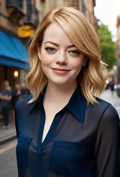 High quality representation of a cute 24 year old girl. Emma Stone, medium length blonde hair, symmetrical and detailed dark blue eyes, looks confident, relaxed, smiles, with a touch of superiority, a black blouse, black pants, in the city. Stunning realis...