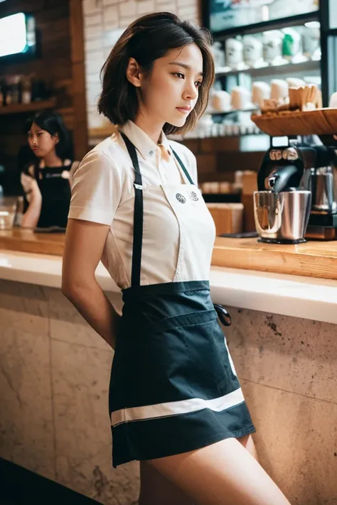 （film grain），summer，hot，Lazy afternoon，full body portrait，(((original photo)))，A sexy girl works at a counter in a cafe，The body shape of 34-26-36 is an hourglass shape,(Barista Apron、long apron、stripe、pattern、badge、pattern:1.5)，rim light， clavicle， beauti...